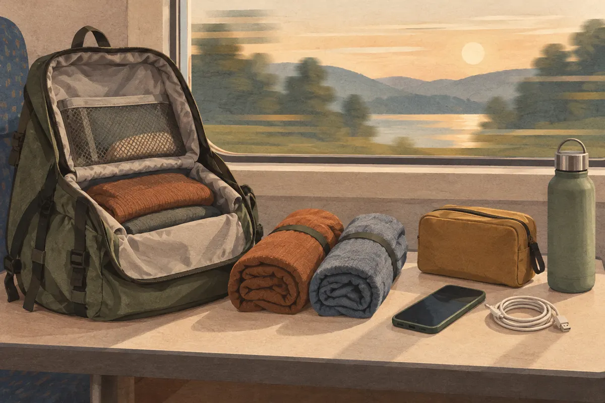 Ilustracja plecaka i niewielkiego zestawu rzeczy na weekendowy wyjazd pociągiem.