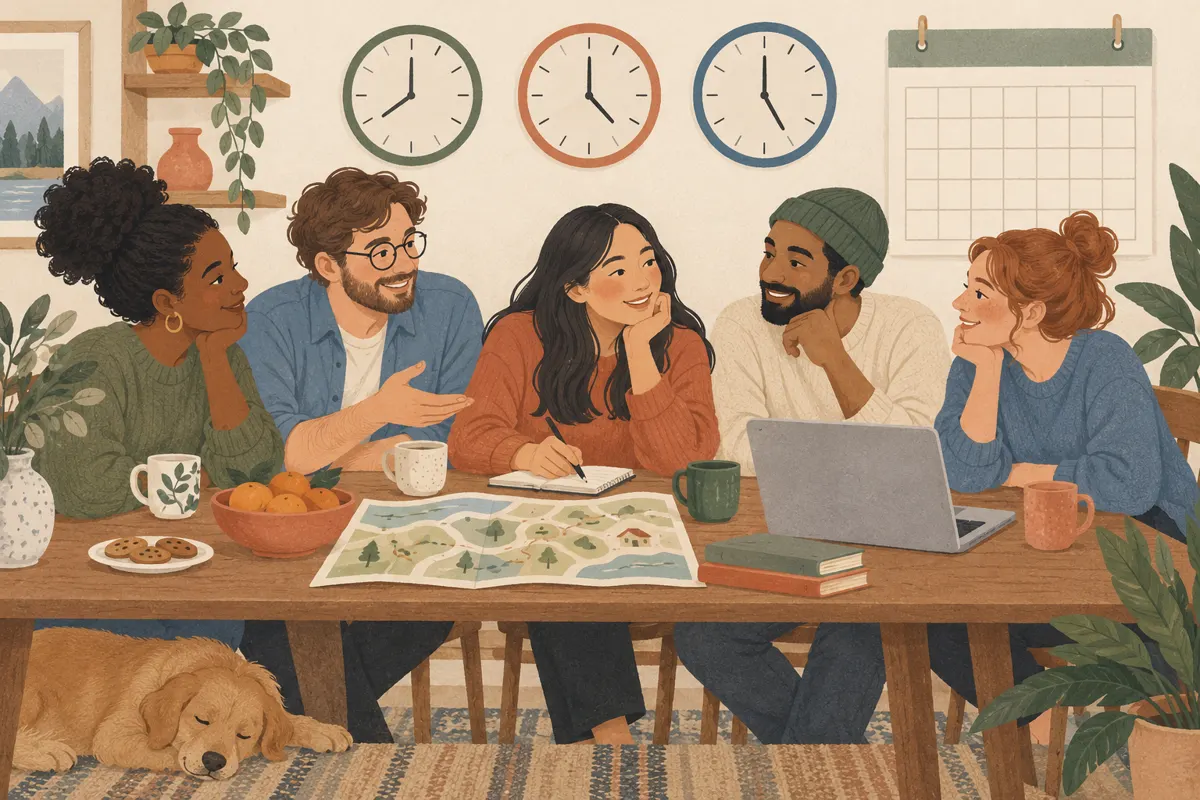 Ilustracja znajomych ustalających wspólny termin spotkania przy stole.