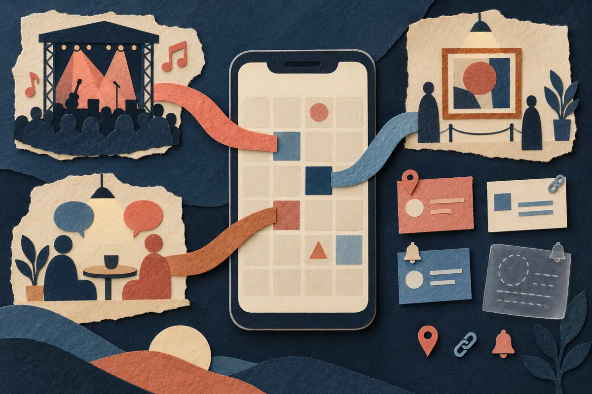 Ilustracja telefonu zbierającego plany koncertu, wystawy i spotkania w jednym kalendarzu.