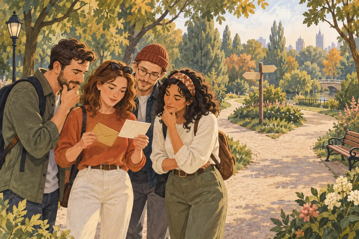 Ilustracja dorosłych rozwiązujących zagadkę podczas podchodów w miejskim parku